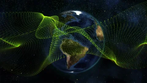 Green ribbon entering from left sweeping, waving, looping around rotating Earth, Stock Footage 335235218