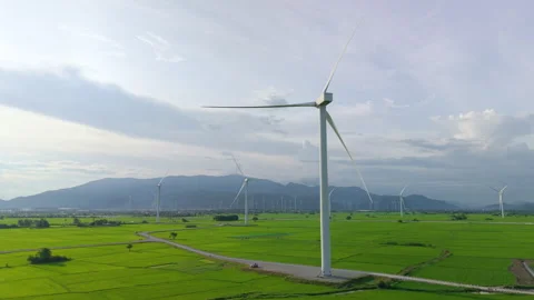 Green rice fields with wind turbines in rural Vietnam Stock Footage 318116581