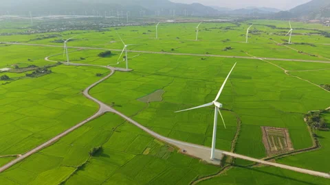 Green rice fields with wind turbines in rural Vietnam Stock Footage 318116632