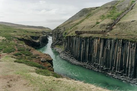 The Green River Through Studlagil basalt canyon, Iceland Stock Photos