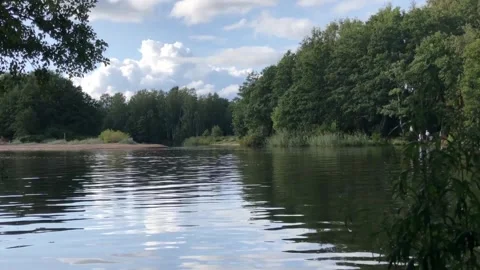 Green river, trees, clouds and sky reflected in the water, beautiful summer Stock Footage 276760527