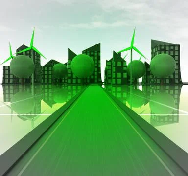 Green road to windmill powered city concept illustration イラスト素材