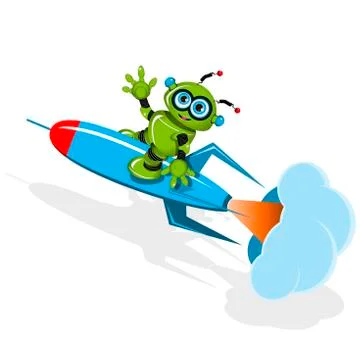 Green robot on the rocket Stock Illustration
