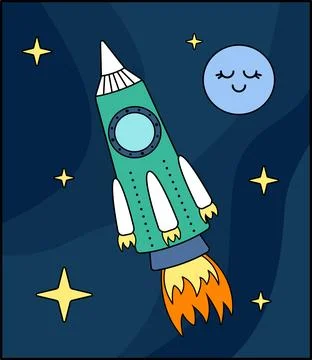 Green rocket is flying in open space past the blue planet. Cartoon, vector Stock Illustration