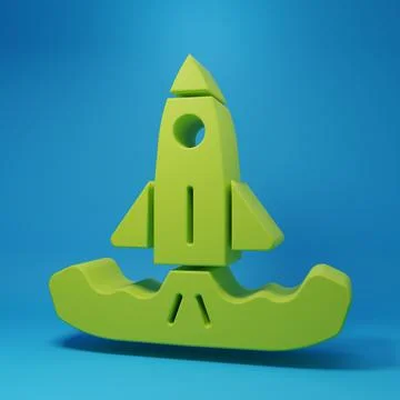 Green Rocket icon isolated on blue background. Minimalism concept. 3D rende.. Stock Illustration