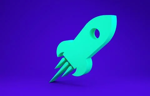 Green Rocket ship with fire icon isolated on blue background. Space travel. M Stock Illustration