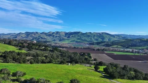 Green rolling hills of San Luis Obispo under blue skies, aerial pullback Stock Footage 314358549
