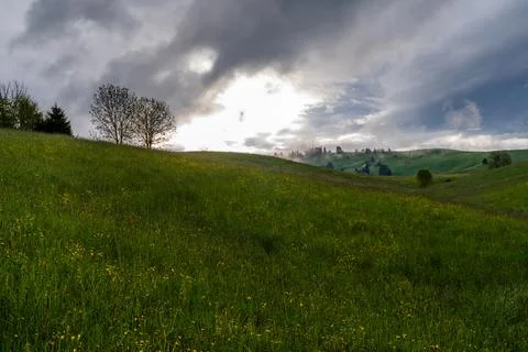 Green rolling hills under dramatic cloudy sky Stock Photos