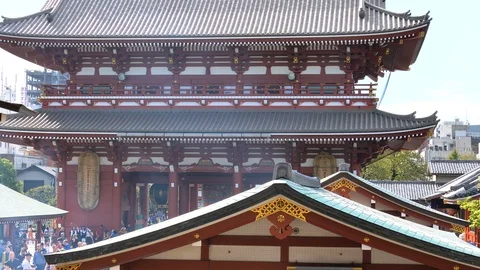 The green roofs of the temples inside the Senso-ji Temple in Tokyo Japan Stock Footage 121443377