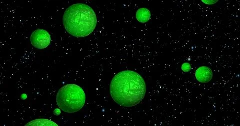 Green round balls in space with glowing stars. Concept of evolution, chemistry Stock Illustration