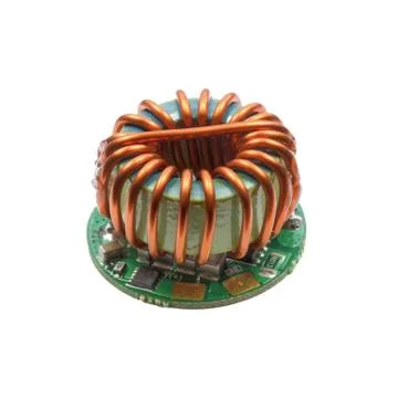 Green round led driver PCB board with inductance coil and surface mount compo Stock Photos