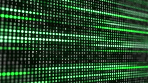 Green round pixels of electronic display with changing software binary code. Stock Footage 242479940