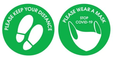 Green round sticker Keep your distance, and please wear a mask. For your safety Stock Illustration