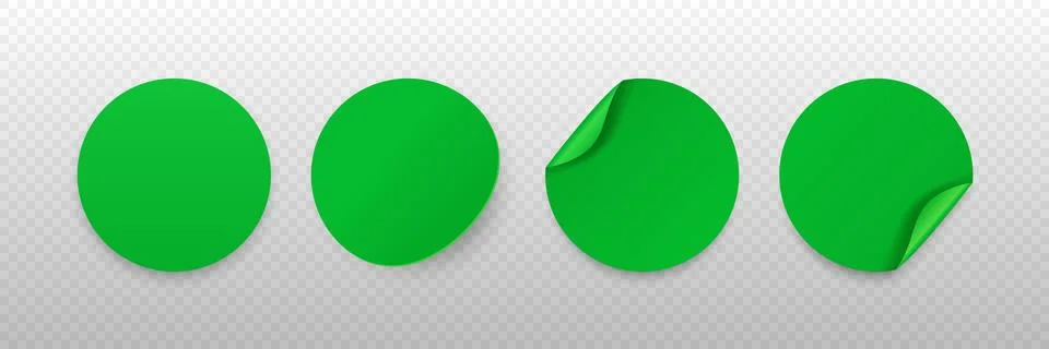 Green Round Sticker Vector Set. Round Stickers with Shadows. Curled Corner Stock Illustration