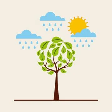 Green round tree raining sky sun environment Stock Illustration