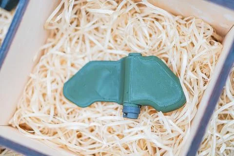 A green, rounded explosive mine sits on a bed of straw or shredded paper Th.. Stock Photos