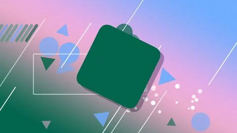A green rounded square frame icon appears at an angle on a blue gradient ba.. イラスト素材