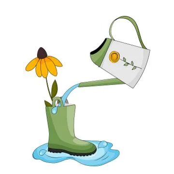 Green rubber boot with flower inside and watering can. Vector illustration. Stock Illustration