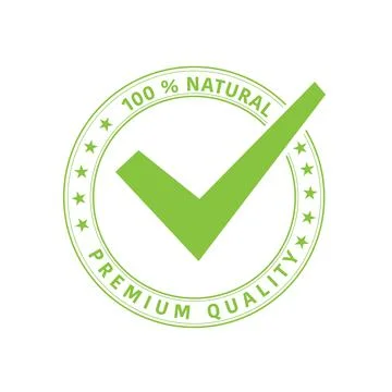 Green rubber stamp with check mark text 100 Natural PREMIUM QUALITY icon isol Stock Illustration