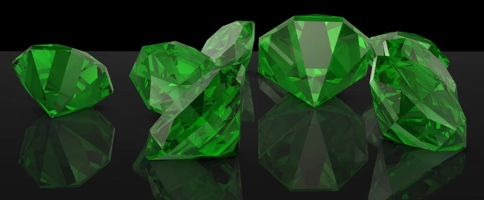 Green rubies on a glossy background with reflection. Gems. Illustrazione stock