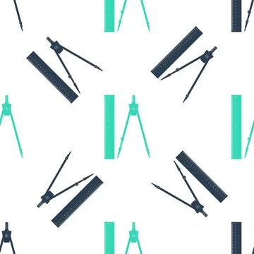 Green Ruler and drawing compass icon isolated seamless pattern on white イラスト素材