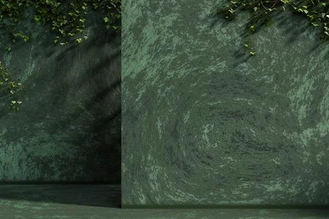 Green rustic cement concrete wall with creeping vines over moss covered flo.. 스톡 일러스트