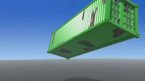 Green rusty shipping container landing on ground slow motion Stock Footage 155557192