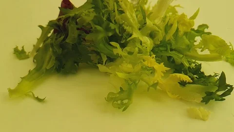 Green salad on a white background slow-motion shot drips water Stock Footage 87706464