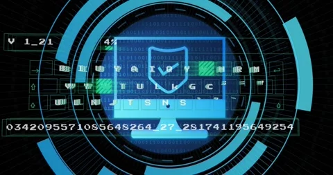 Green scan bar starting sweep, monitor shield icon glowing, HUD rings rotating Stock Footage 326101367