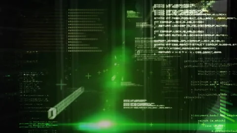 Green scan beam pulsing at floor then rising along racks, visualizing code Stock Footage 312916010
