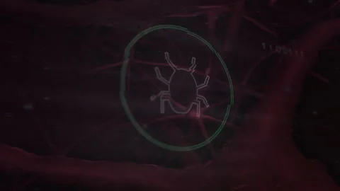 Green scanning ring emerging triggers red neural branches pulsing behind bug Stock Footage 313509564
