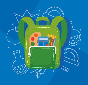 Green school bag with supplies elements icons 스톡 일러스트
