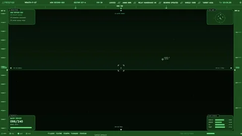 Green sci fi HUD cockpit display with tactical telemetry data and flight Stock Footage 334636023
