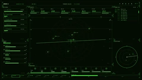 Green sci-fi HUD interface displaying spaceship telemetry tactical radar an.. Stock Footage 334102767