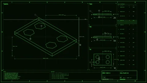 Green sci-fi technical schematic interface displaying mechanical hull plate.. Stock-Footage 334107329