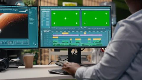 Green screen, AI-generated Mars visuals, worker interacts with chatbot 写真素材