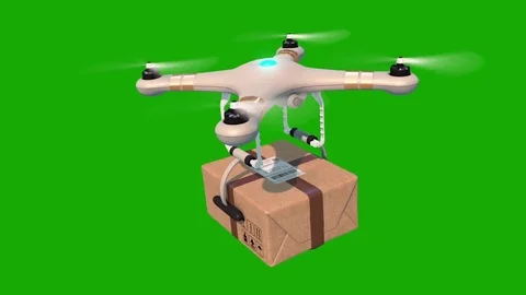 Green Screen Alpha Matte Quadcopter Delivering a Package in Blue Sky Seamless Stock Footage 83484815