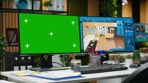 Green screen and architectural software on dual monitors at the workstation Stockfoto's