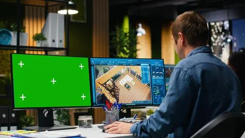 Green screen and CAD software used by IT engineer architect Stock Photos