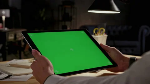 Green Screen and Chroma Key of Tablet Computer. Business Man Holding Mobile PC a Stock Footage 199481088