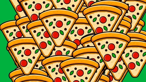 Green screen animation of a collection of pizzas growing larger, moving apart, a Stock Footage 330562587