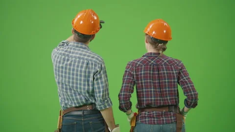 Green Screen. Back View. Young Male and Female Industrial Specialist Stock Footage 224768226
