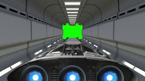 Green screen in the backdrop. Spacecraft flies out of the sci-fi tunnel, 3d Stock Footage 85050132