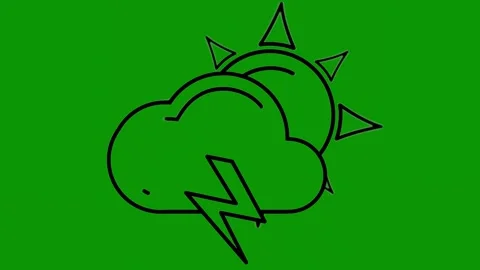 Green screen background black line drawing cloud lightning coming out outline Stock Footage 314066936