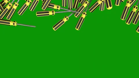Green screen background black pair scissors bunch screws pile lot yellow Stock Footage 314067406