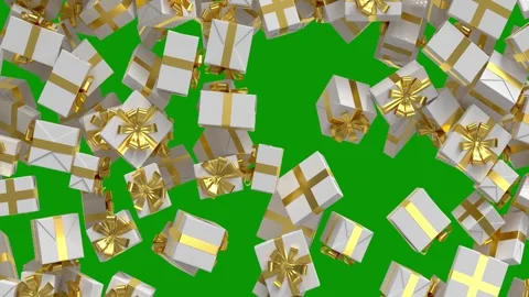Green screen background bunch gold silver gift boxes lot cubes shiny large pile Stock-Footage 314066979