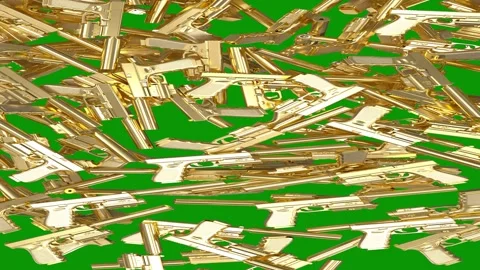 Green screen background bunch gold keys pile lots guns metal pieces objects Video stock 314067034