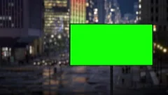 Green screen, neon, led light border in front of wall. Blank, Empty screen  for advertisement videos. Stock Photo