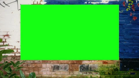 Green Screen Billboard Mockup On Painted Urban Brick Wall With Plants Stock Footage 341325063