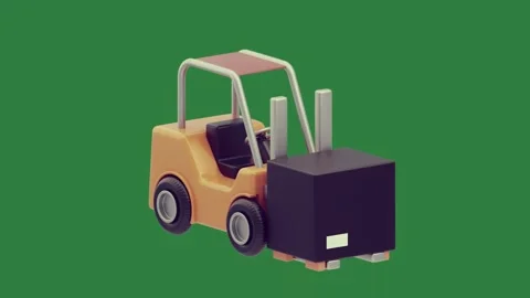 Green screen black cube chair fork truck on box the back small yellow style Vídeos de archivo 335980816